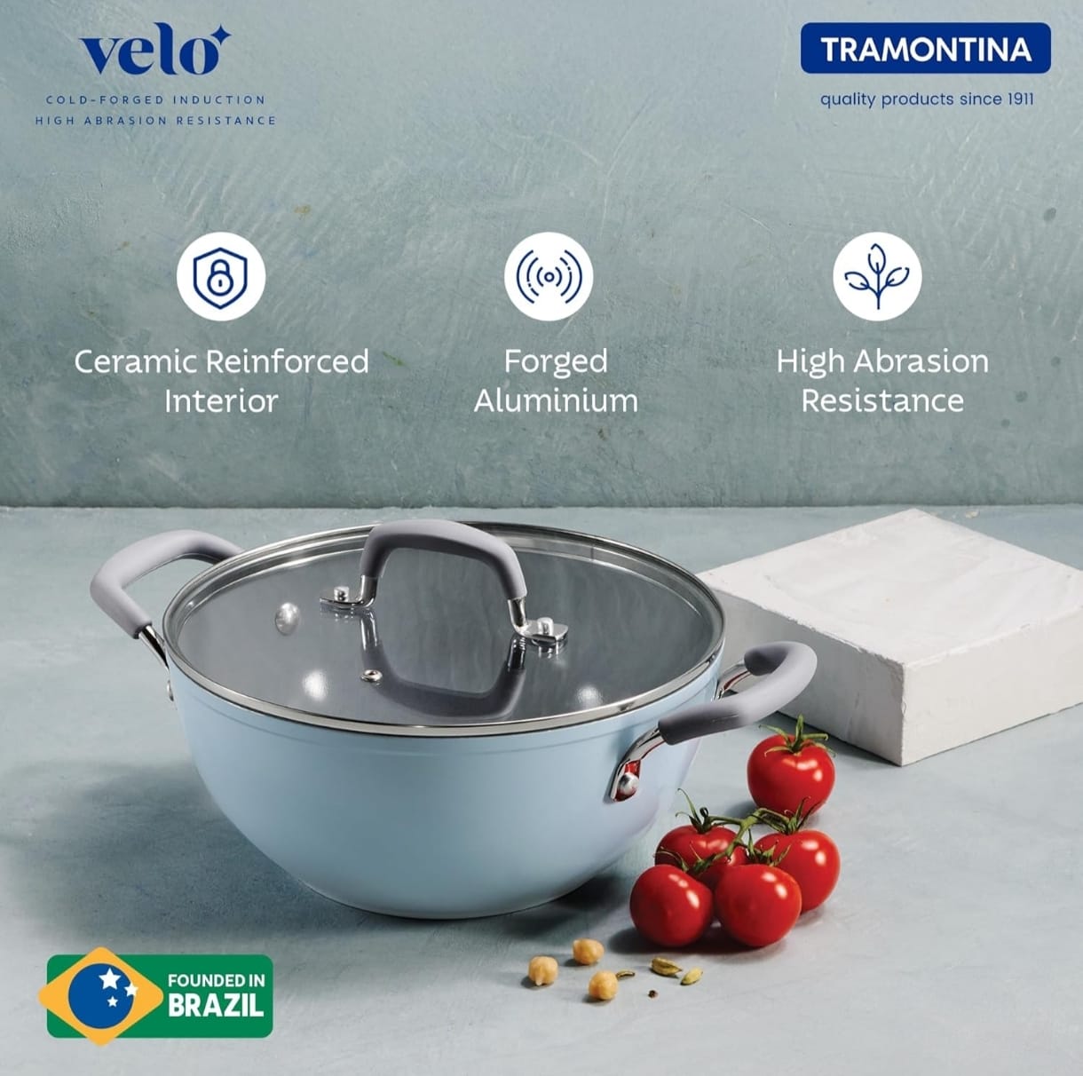 Tramontina 24cm Deep Kadai with Glass Lid | Ceramic Coated Non-Stick Interior | 3.6 Liter Cookware