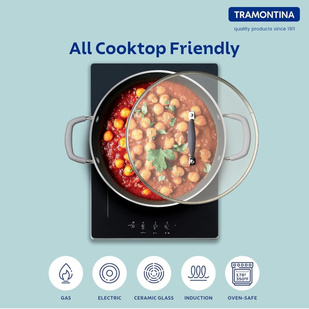 Tramontina 22cm Deep Kadai with Glass Lid | Ceramic Coated Non-Stick Interior | 2.9 Liter Cookware