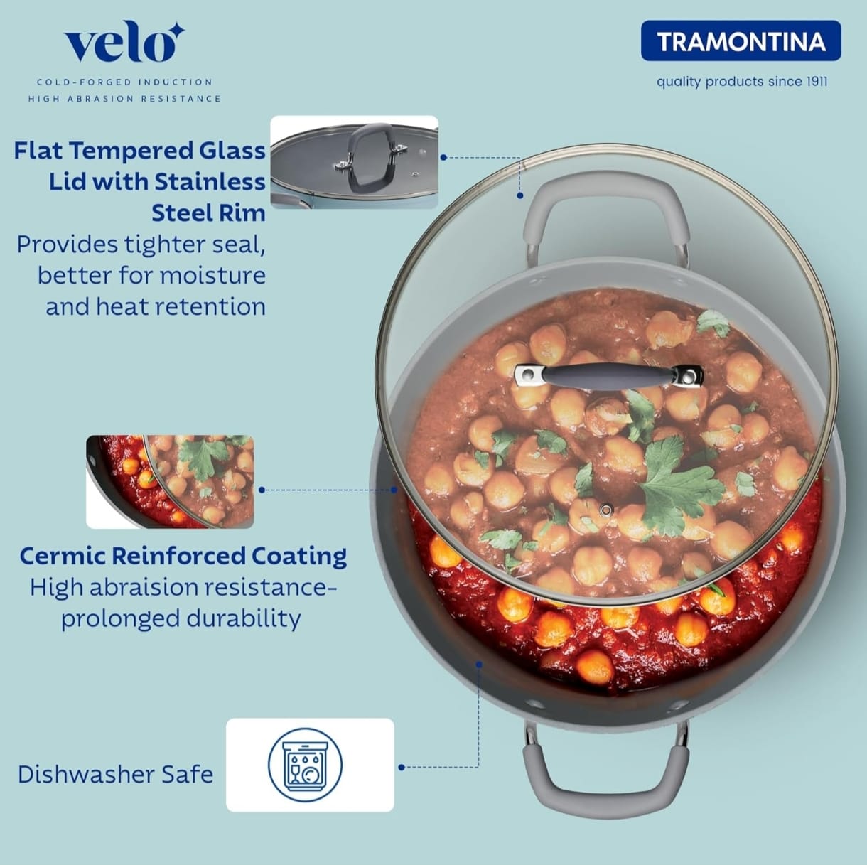 Tramontina 22cm Deep Kadai with Glass Lid | Ceramic Coated Non-Stick Interior | 2.9 Liter Cookware