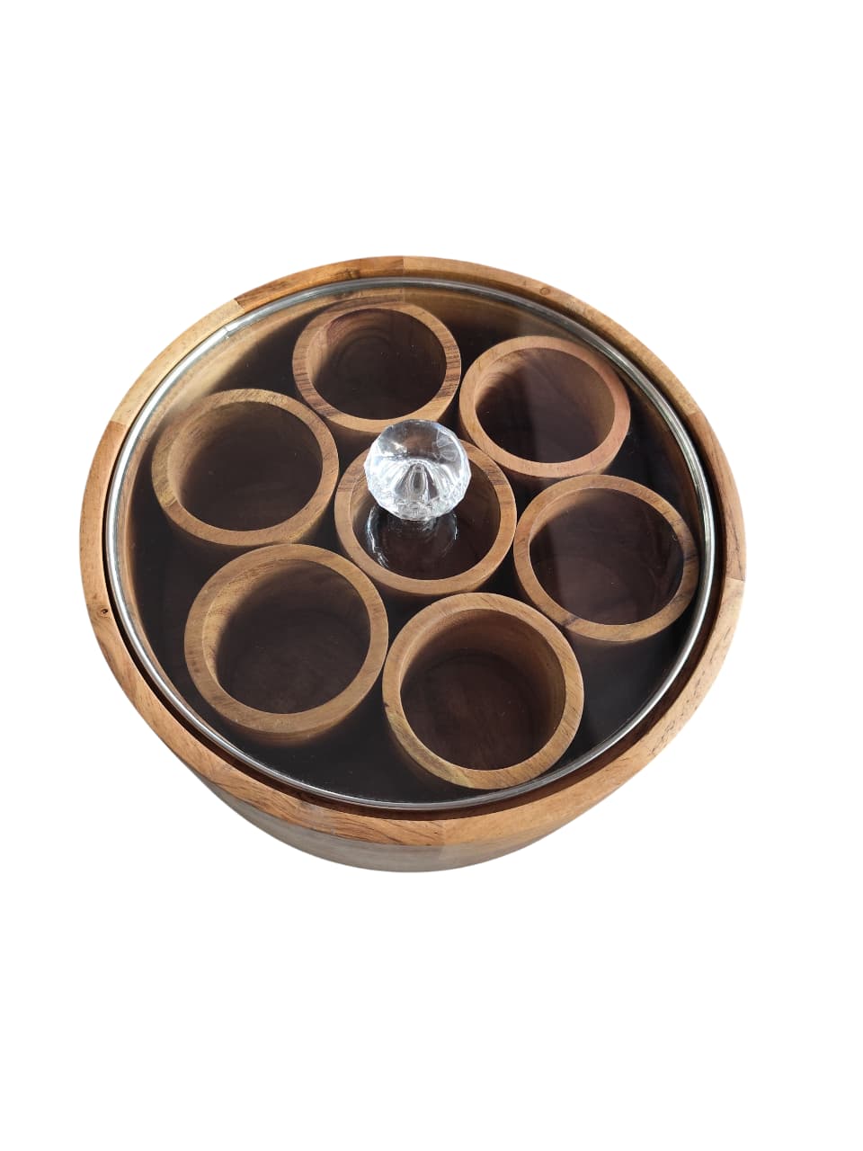 Handcrafted Wooden Masala Box (Round) with Glass Lid & 7 Deep Cups
