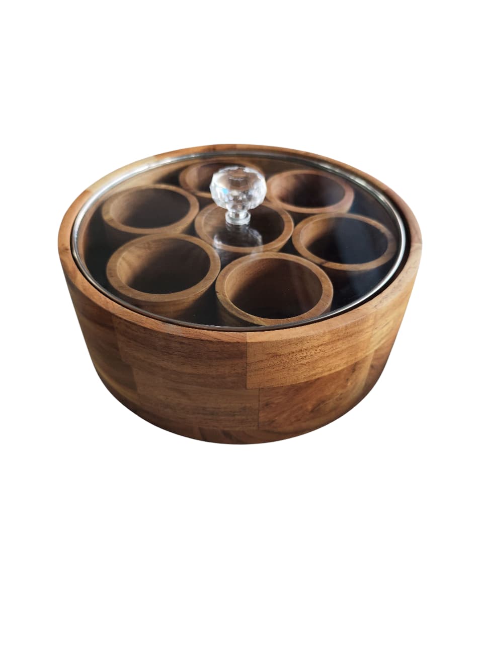 Handcrafted Wooden Masala Box (Round) with Glass Lid & 7 Deep Cups