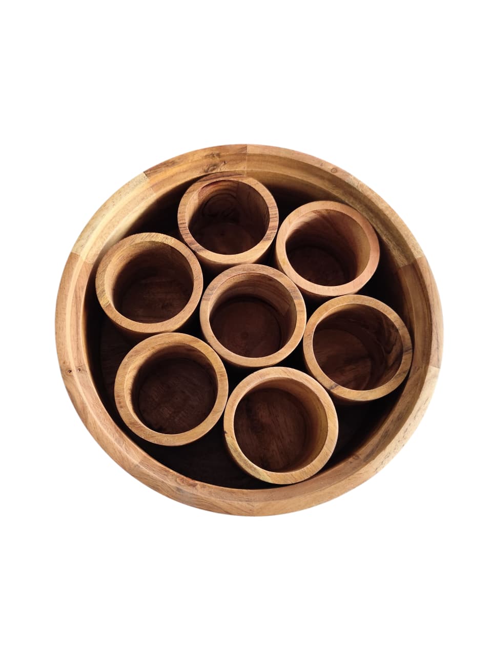 Handcrafted Wooden Masala Box (Round) with Glass Lid & 7 Deep Cups