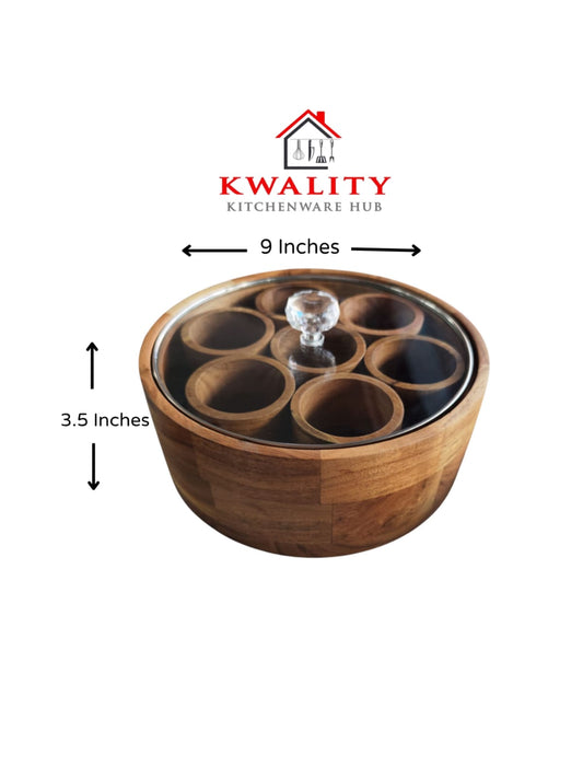 Handcrafted Wooden Masala Box (Round) with Glass Lid & 7 Deep Cups