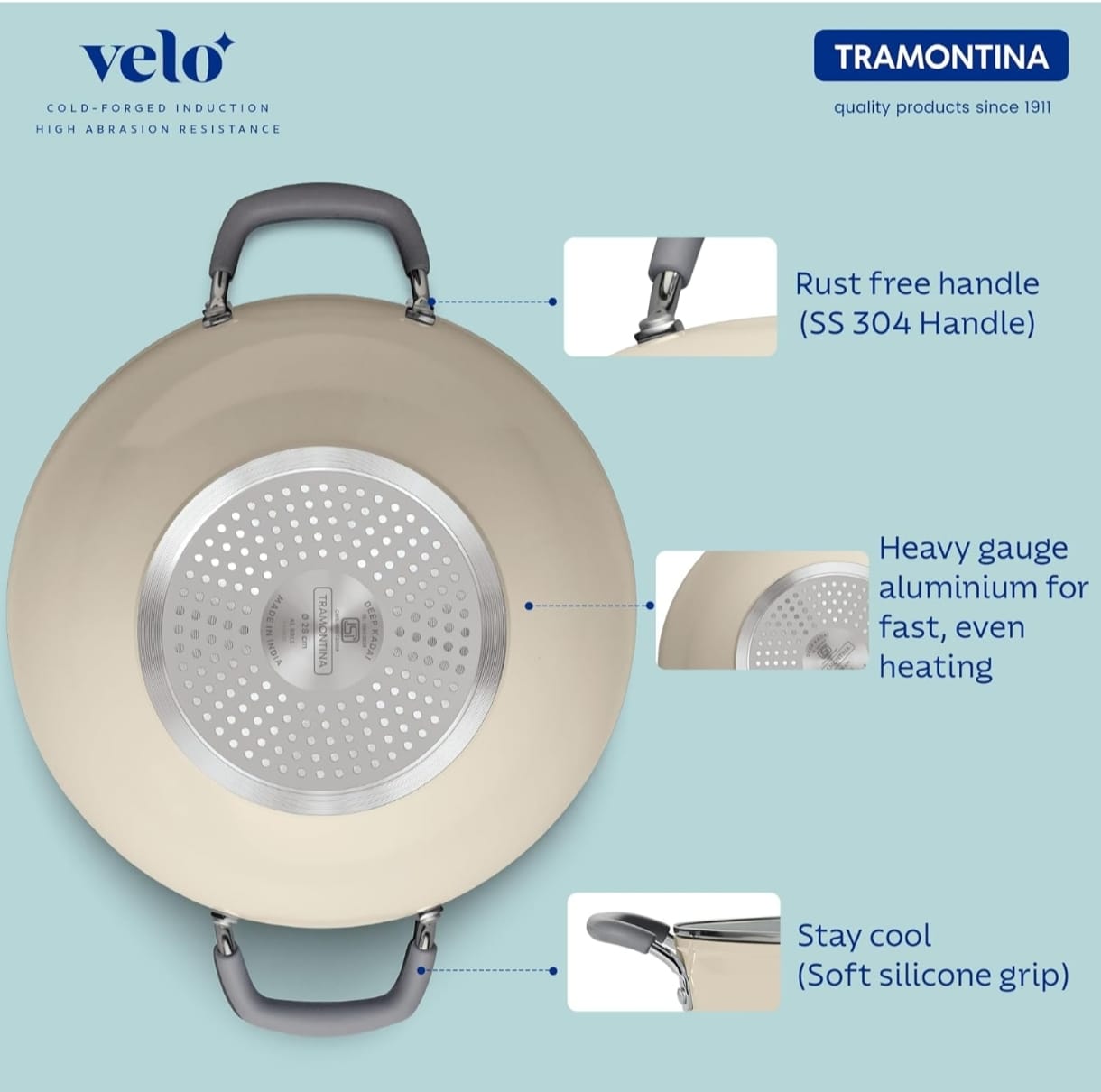 Tramontina 22cm Deep Kadai with Glass Lid | Ceramic Coated Non-Stick Interior | 2.9 Liter Cookware