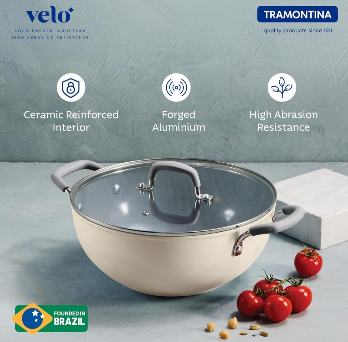 Tramontina 22cm Deep Kadai with Glass Lid | Ceramic Coated Non-Stick Interior | 2.9 Liter Cookware